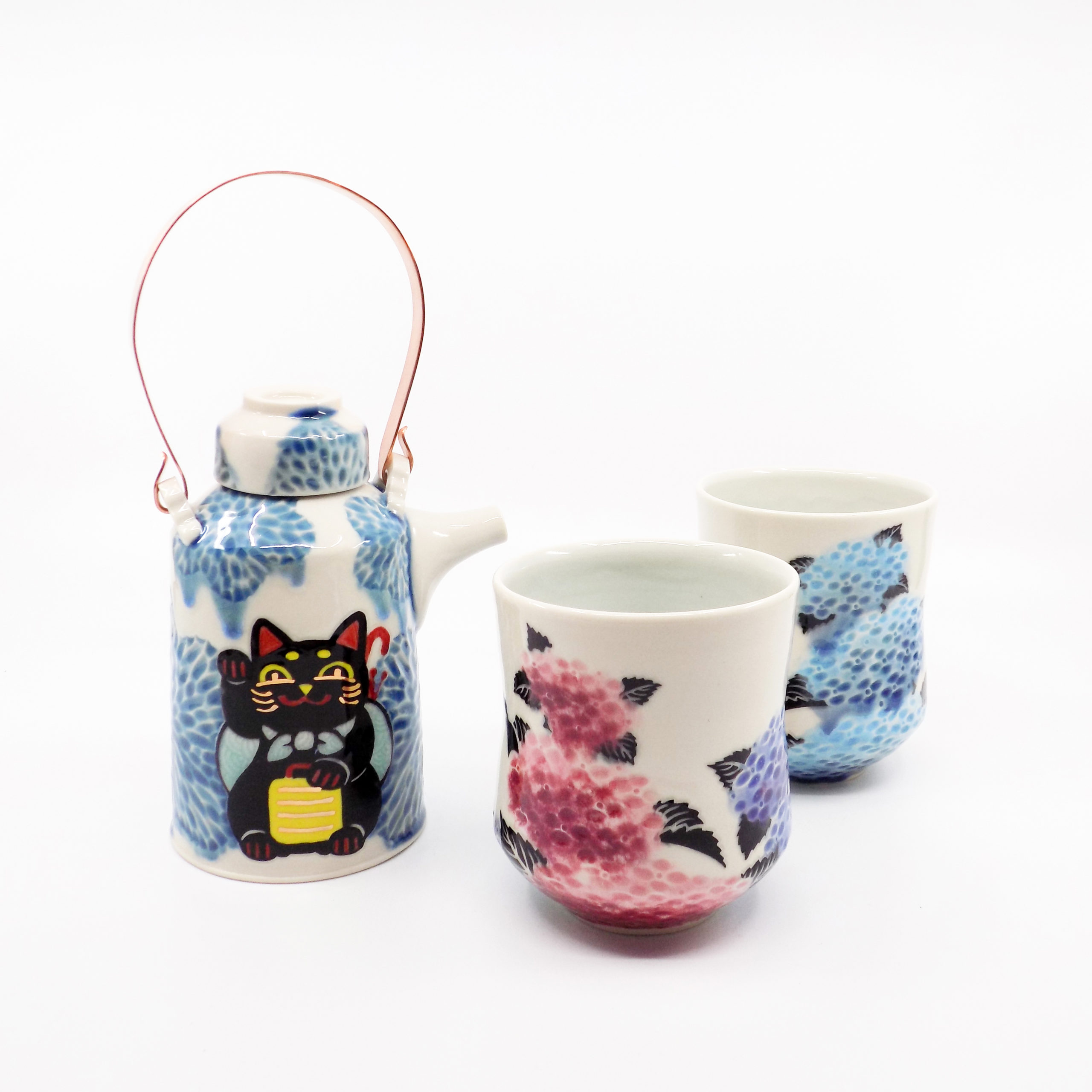 Lucky Cat Train Teapot & Hydrangea Yunomi Cup