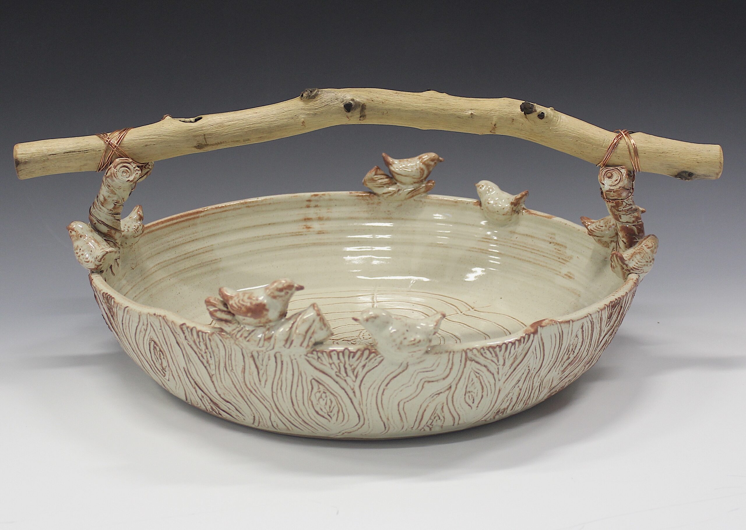 Clay Basket with Birds & Driftwood Handle